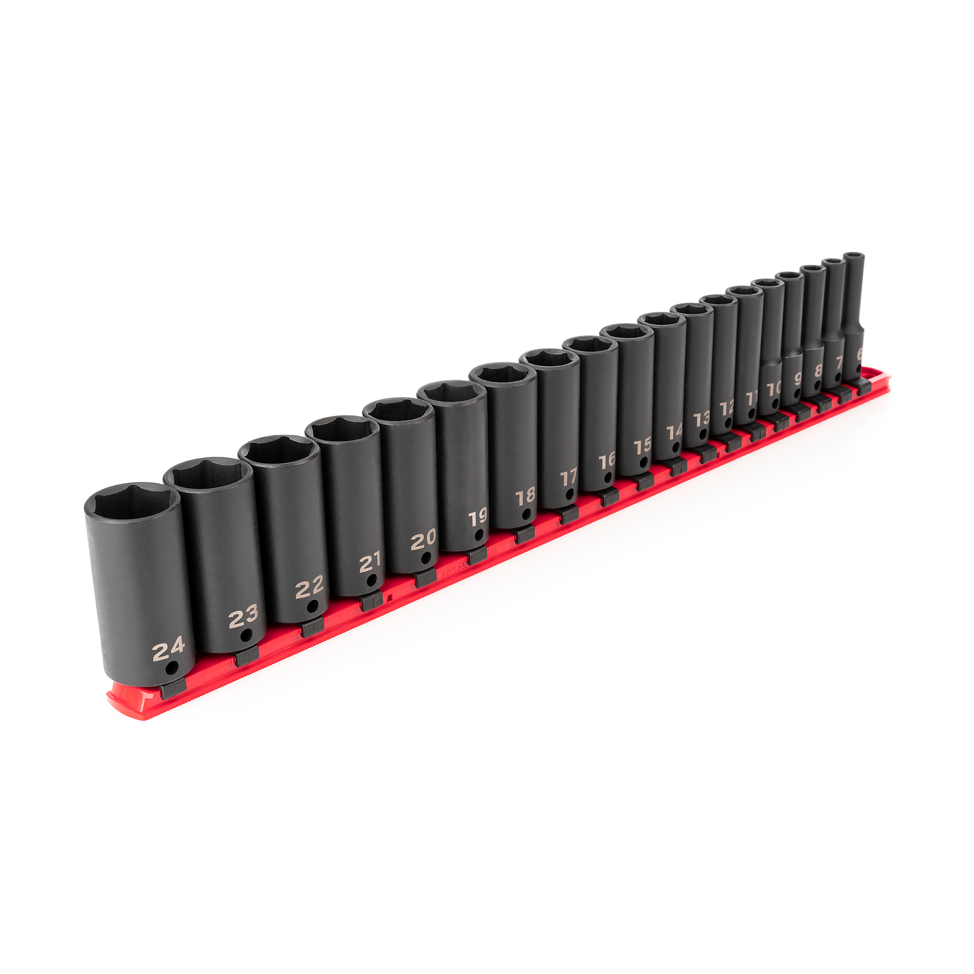 TEKTON 3/8 Inch Drive Deep 6-Point Impact Socket Set with Rail, 19-Piece (6 - 24 mm) | SID91107